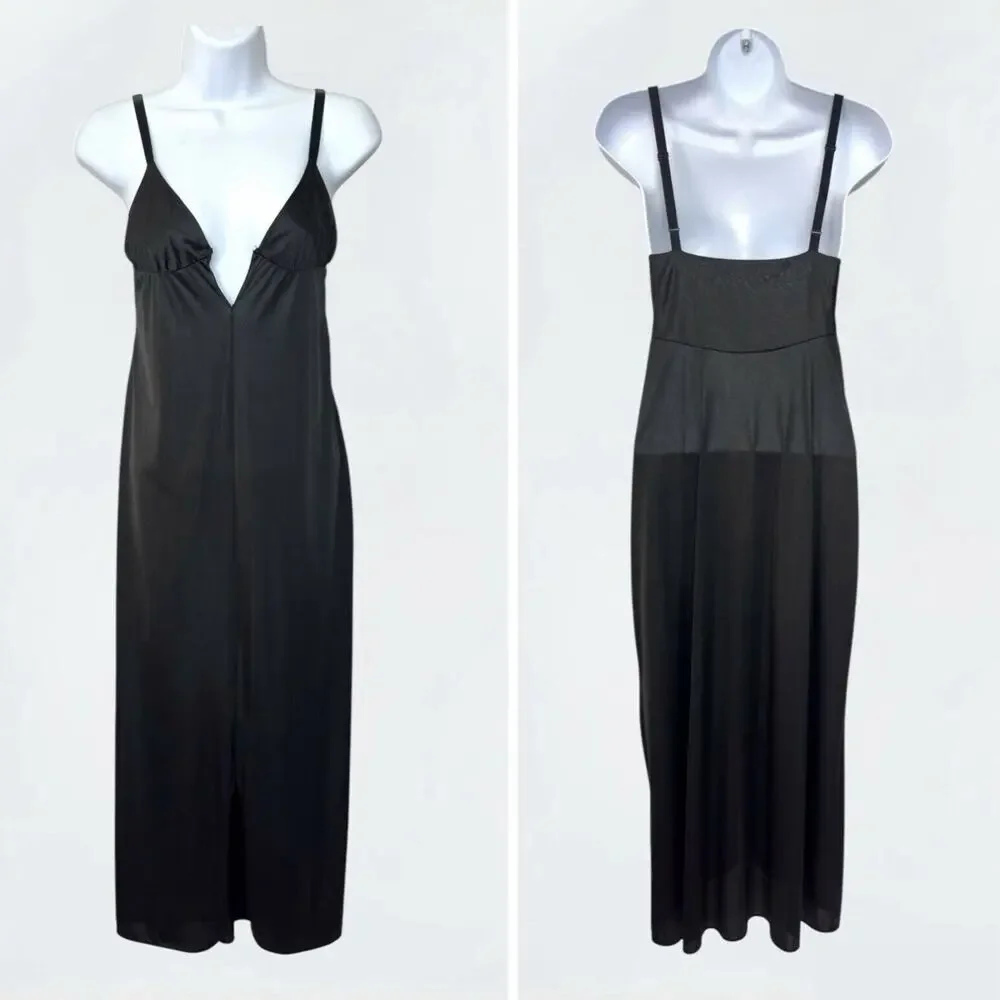 Vintage Black Nylon Midi Slip Dress 32 Deep V Slit USA Hollywood Babydoll